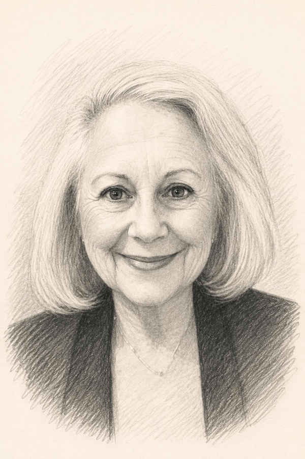 Pencil illustration of Harriet Katz's portrait on cream paper