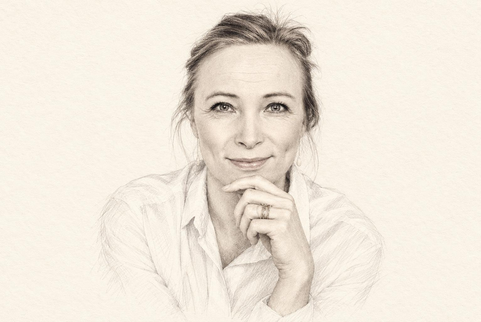 Pencil illustration of Iben Sandahl’s portrait on cream paper