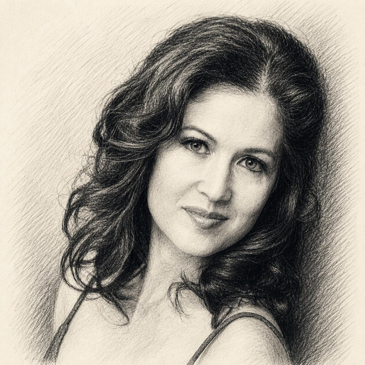 Pencil illustration of Karin Kim Jensen’s portrait on cream paper