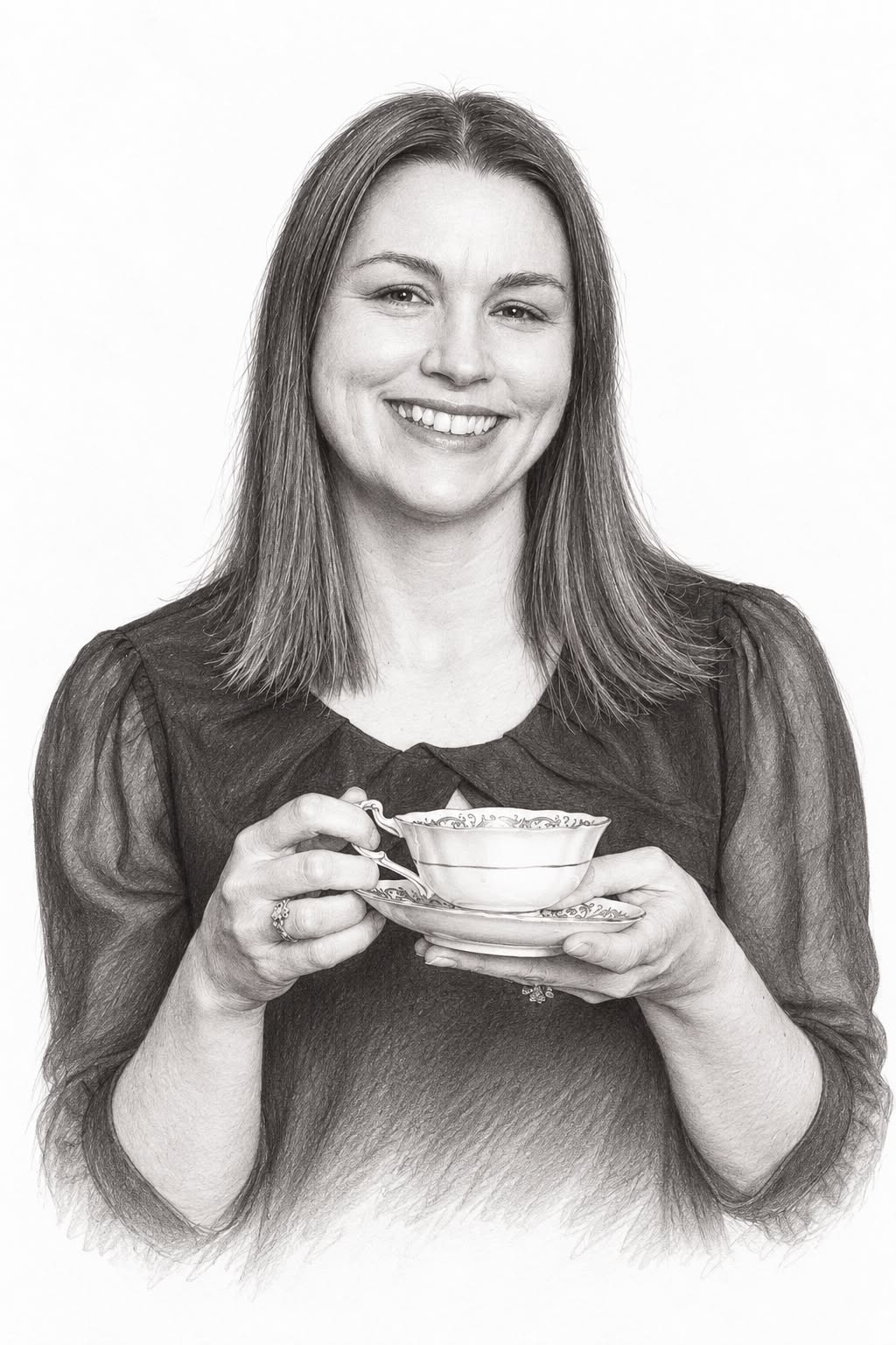 Pencil illustration of Nicole Wilson’s portrait on cream paper