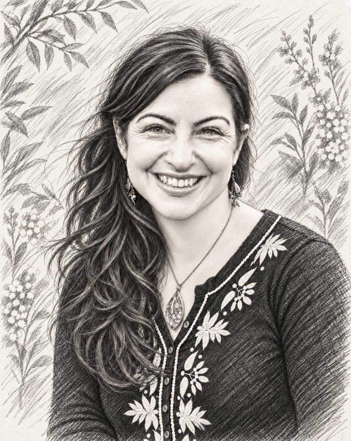 Pencil illustration of Samantha Sirota’s portrait on cream paper