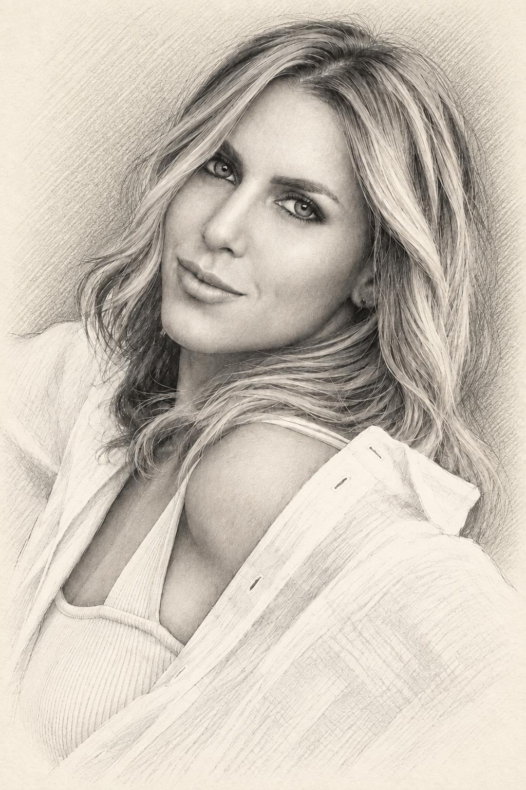 Pencil illustration of Sherri Elizam’s portrait on cream paper