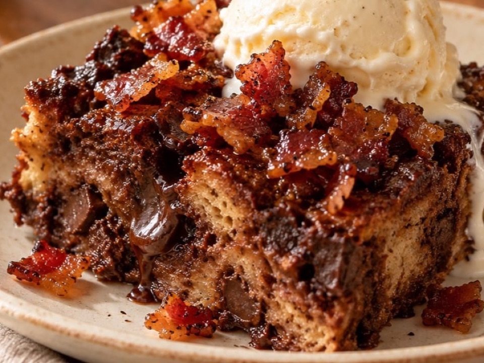 Chocolate Bread Pudding With Candied Bacon